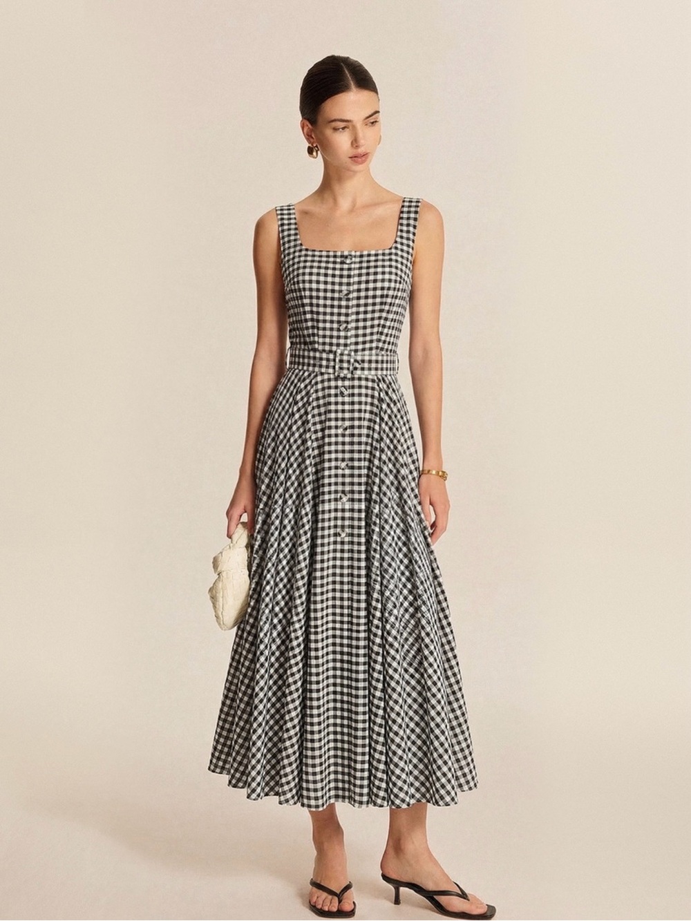 Commense Black and White Gingham Midi Dress